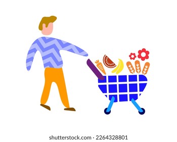 A man with a shopping cart. Vector shopping illustration