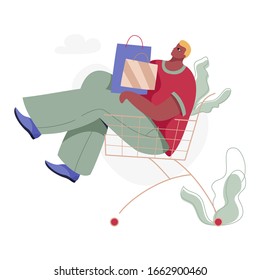 Hombre en el carro de la compra vector ilustración aislada. Carácter plano moderno para diseño web y aplicación, ventas de temporada, materiales de marketing, comercio electrónico.