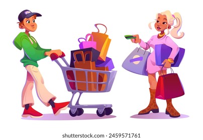 Hombre con Carrito de compras. Mujer tras centro comercial con bolsa. Personaje de la gente del Shopper comprar regalo en el mercado conjunto de dibujos animados. Chica Cliente paquete de compra con tarjeta de crédito familiar. Niño aislado llevando carro