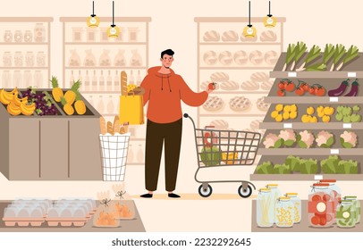 Man with shopping cart. Young guy in supermarket or grocery store, buyer chooses vegetables and fruits, natural and organic products. Routine and household chores. Cartoon flat vector illustration