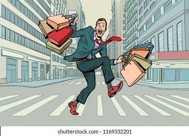 a man with shopping crossing the road. Comic cartoon pop art retro vector illustration drawing