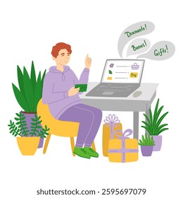 Man shopping in garden store online in flat cartoon design. Happy buyer choosing flowers, plants and gardening tools at website, ordering purchase and paying with credit card. Vector illustration