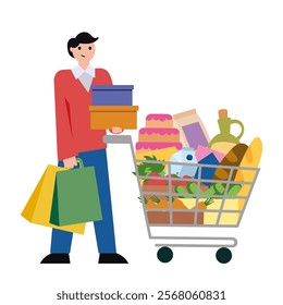 Man with shopping and gifts. Packages and boxes. Trolley with products. Vector simple color flat illustration.