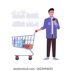 A man is shopping in a grocery store. He is looking at her phone while shopping. Vector illustration in a flat style