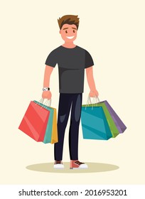The man is shopping. The guy with the packages. Vector illustration in cartoon style