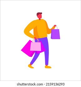 The man is shopping. The guy with the packages. Vector illustration in cartoon