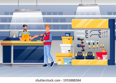 Man Shopping In Hardware Shop. Salesman At Counter Selling Drill To Happy Guy Vector Illustration. Tools And Materials Store Interior Design Scene With Toolkits, Hammers, Saws.