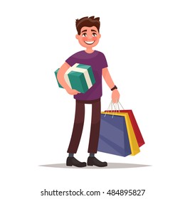 O homem está fazendo compras. Homem segurando sacos e caixa de presente. Ilustração vetorial de um projeto plano