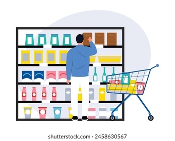 A man shopping for household necessities, vector illustration.