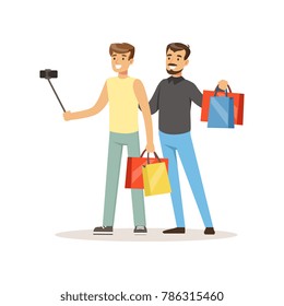 Man shopping in a mall and making selfie colorful vector illustration
