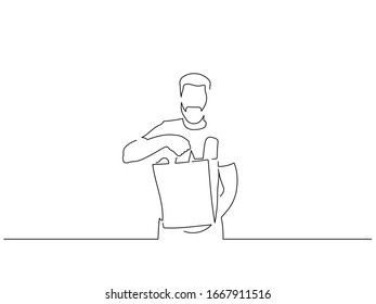 Man shopping in the market isolated line drawing, vector illustration design. Food collection.