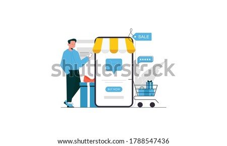 Man shopping next to phone. Online shopping, e-commerce concept illustration