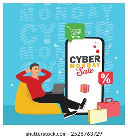 Man shopping on mobile app. Seasonal sales and big discounts for online shopping. Cyber ​​Monday concept. Flat vector illustration.