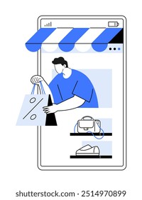 Man shopping on mobile device with storefront awning, holding bag, showcasing products. Ideal for e-commerce, digital shopping, mobile apps, retail marketing, online sales. Simplistic, minimal, modern