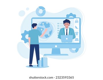 A man shopping online from all over the world on computer screen trending flat illustration