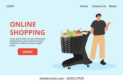 A man is shopping online. E-commerce and online shopping. A man is pushing a basket. Special offer or big seasonal sale, discount banner, flyer, website or landing page.