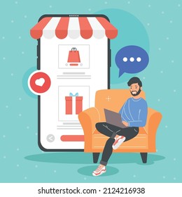 man shopping online in laptop character