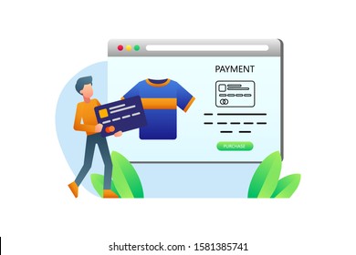 A Man Shopping Online At A Marketplace Website And Making Payments Using Cards. E-commerce Vector Illustration For Background And Banner Element 