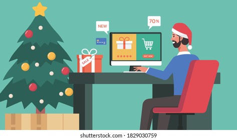man shopping online on a computer at home on Christmas day, flat vector illustration