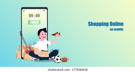 Man shopping online on mobile.Shopping Online on mobile vector  Concept.