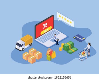 Man shopping online on website with laptop computer and giving five stars rating. isometric vector concept
