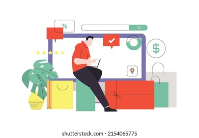 Man shopping online, order and delivery concept, using mobile application, buy and pay online vector illustration. E-commerce and shopping design for banner, landing web page, mobile, web graphics