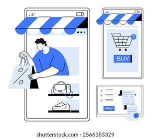 Man shopping online using a mobile app interface design. Items include a handbag and sneakers. Payment process screen and shopping cart with a BUY button. Ideal for e-commerce, retail apps, online