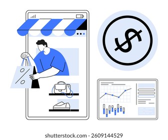 Man shopping online using a mobile app, products on screen, dollar symbol, data analytics on computer screen. Ideal for e-commerce, digital marketing, online retail, business strategy, financial