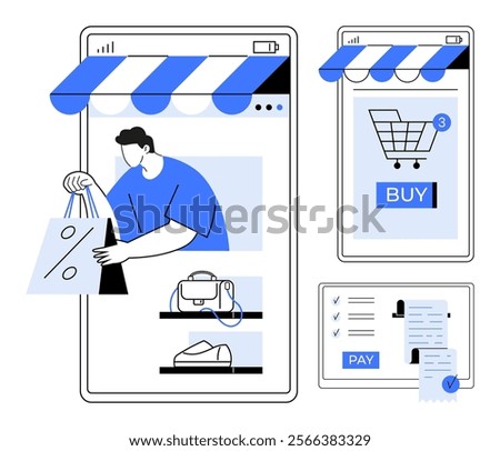 Man shopping online using a mobile app interface design. Items include a handbag and sneakers. Payment process screen and shopping cart with a BUY button. Ideal for e-commerce, retail apps, online