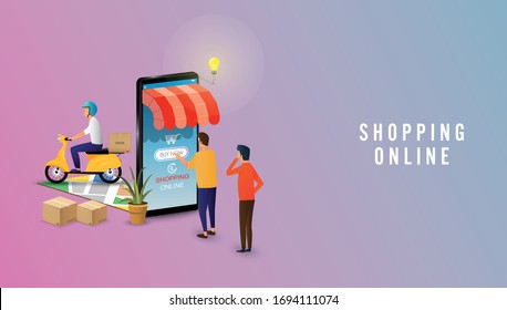 Man shopping online using smartphone. Mobile Application, Shopping Online delivery. Marketing Concept. Vector illustrator.