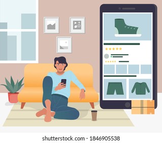 los hombres están comprando en línea usando smartphone en la ilustración vectorial de la sala de estar. utilizado para la página de inicio, la imagen del sitio web y otros