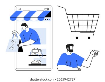 Man shopping online using a smartphone, holding a discount shopping bag, and a shopping cart icon. Ideal for e-commerce, online shopping, retail, digital marketing, sales promotions. Simple vector