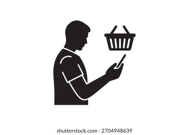 Hombre que compra en línea usando la silueta del App del smartphone Icono del comercio móvil con la persona que sostiene el teléfono y la cesta