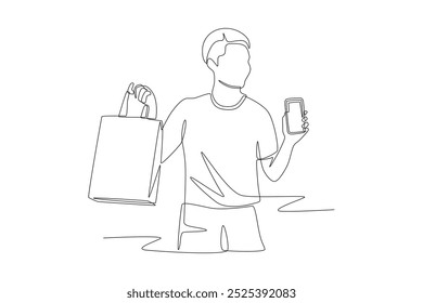 Hombre comprando en línea a través de smartphone. Concepto de compras en línea dibujo de una línea