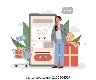 Man shopping online. Young guy with smartphone picks up goods in basket. Home delivery and modern technologies. Character buys gifts for loved ones for holidays. Cartoon flat vector illustration