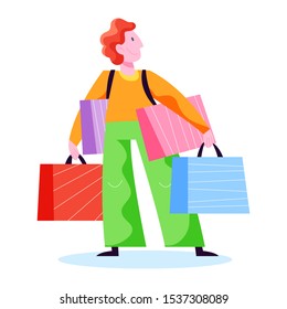 Man shopping. Person with bag. Big sale and discount. Cheerful buyer. Vector illustration in cartoon style