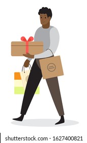 Man shopping. Person with shopping bags. Big sale and discount concept. Cheerful buyer. Vector illustration in cartoon style