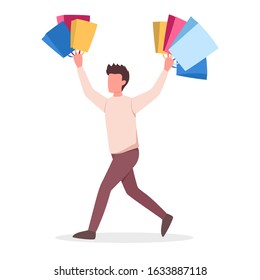 Man shopping. Person with shopping bags. Big sale and discount concept. Cheerful buyer. Vector illustration in cartoon style