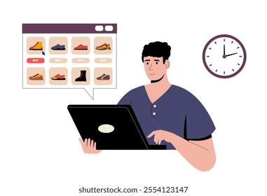 Man shopping for shoes online using laptop with digital store interface displaying footwear options. Modern concept of consumer convenience in e commerce. Flat vector illustration.