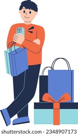 Man Shopping with Smart Phone Character Vector Illustration