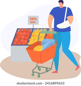 Man shopping in supermarket with arm in sling, pushing cart near discount fruit stand. Injury recovery and grocery shopping. Vector illustration.