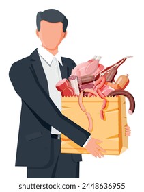 Hombre con bolsa de supermercado lleno de carne. Chuleta, salchichas, tocino, jamón. Carne de res jaspeada. Carnicería, asador, productos orgánicos de la granja. Comestibles. Carne de cerdo fresca. Ilustración vectorial plana