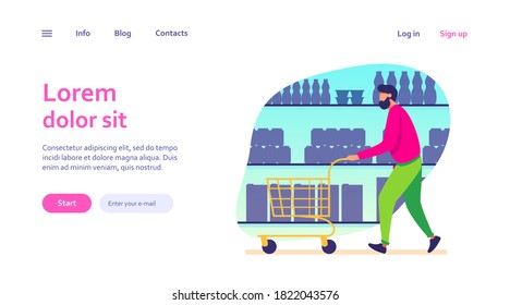 Man shopping in supermarket. Customer wheeling cart along aisles flat vector illustration. Grocery store, buying food concept for banner, website design or landing web page