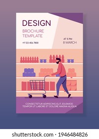 Man shopping in supermarket. Customer wheeling cart along aisles flat vector illustration. Grocery store, buying food concept for banner, website design or landing web page