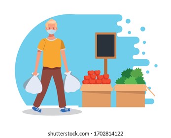 man shopping in supermarket with face mask vector illustration design