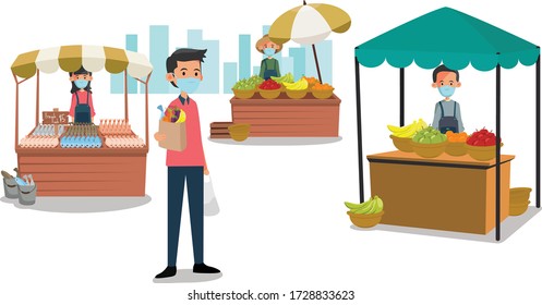 A man shopping in traditional market while pandemic illustration