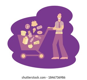 A man with a shopping trolley. Colored isolated illustration.