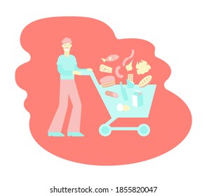 A man with a shopping trolley. Vector color flat isolated illustration for grocery supermarket.