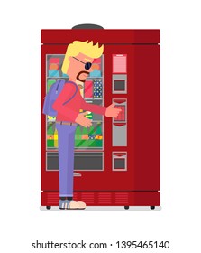A man shopping in a vending machine selling food and drinks. Isolated on a white background.