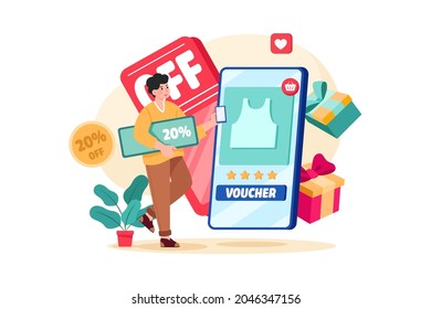A Man With Shopping Voucher Illustration concept. Flat illustration isolated on white background.